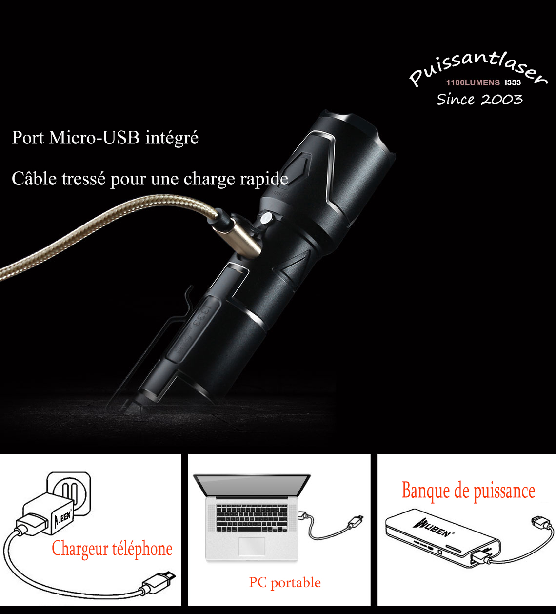 Port Micro-USB intégré Lampe de poche